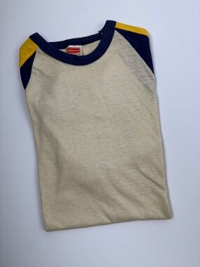 Retro Raglan women Tee in Cream with Navy & Yellow Trim